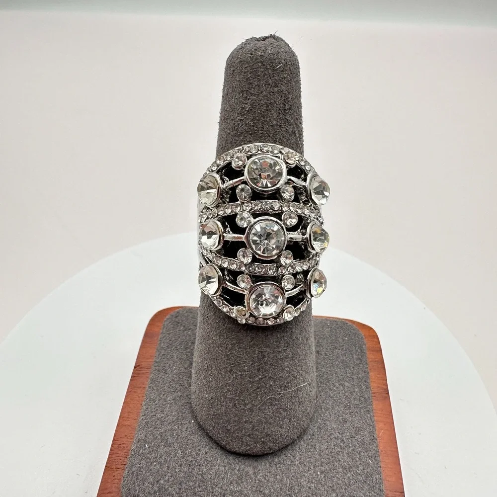 Vintage Y2K Silver Tone Multi-Tier Rhinestone Ring Women's Jewelry